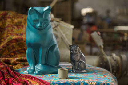 Wooden Cat Statue Urn "Neko" - Hand Sprayed | Azure Blue - Pulvis Art Urns
