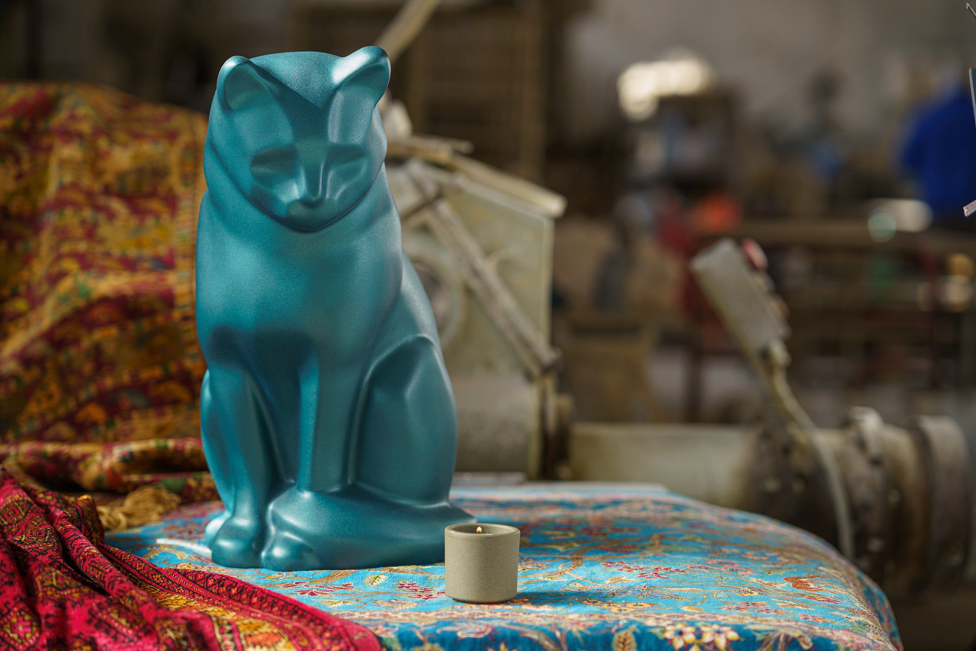 Wooden Cat Statue Urn "Neko" - Hand Sprayed | Azure Blue - Pulvis Art Urns