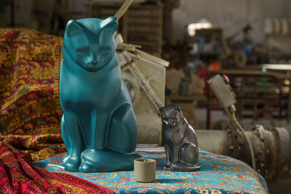 Wooden Cat Statue Urn "Neko" - Hand Sprayed | Azure Blue - Pulvis Art Urns