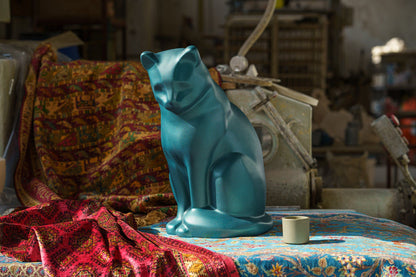 Wooden Cat Statue Urn "Neko" - Hand Sprayed | Azure Blue - Pulvis Art Urns