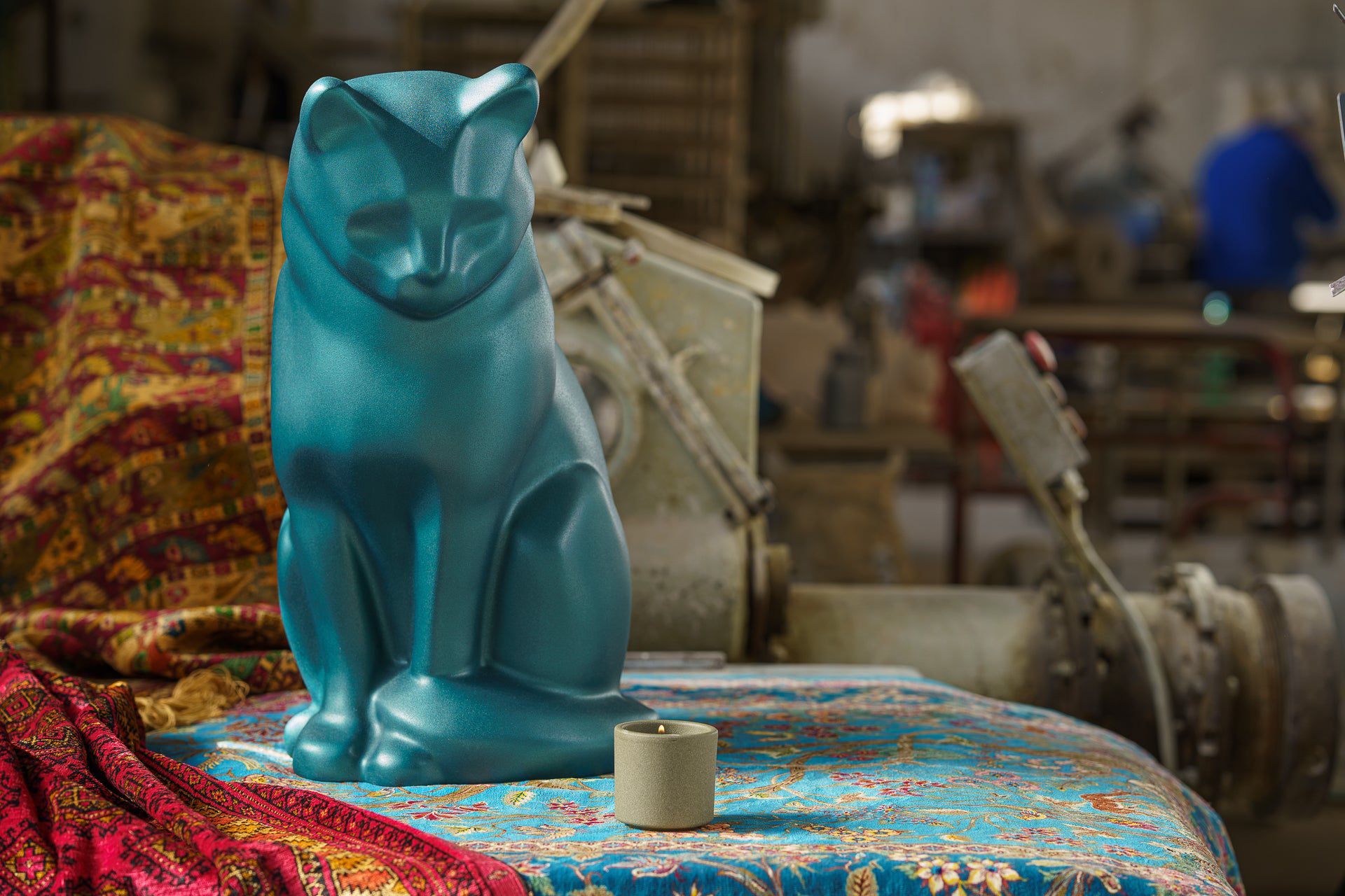 Wooden Cat Statue Urn "Neko" - Hand Sprayed | Azure Blue - Pulvis Art Urns